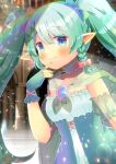  1girl :3 bangs blue_bow blue_eyes blurry blurry_background blush bow braid breasts cape closed_mouth depth_of_field dress eyebrows_visible_through_hair finger_to_mouth fingerless_gloves gloves green_cape green_gloves green_hair green_nails hair_between_eyes hair_bow hand_up indie_virtual_youtuber kouu_hiyoyo long_hair nail_polish pastel_chrome pink_bow pointy_ears see-through side_braid single_braid small_breasts smile solo strapless strapless_dress twintails very_long_hair virtual_youtuber white_dress 
