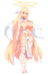  1girl angel angel_wings bangs bare_shoulders blonde_hair blush breast_curtains breasts chain cleavage closed_mouth commentary_request dev full_body green_eyes halo hand_on_own_chest head_wings highres huge_breasts long_hair looking_at_viewer navel o-ring original pelvic_curtain revealing_clothes solo thighhighs transparent_background white_legwear wings 
