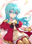  1girl aqua_eyes aqua_hair bangs boots bracelet collarbone dress eirika_(fire_emblem) elley226 fire_emblem fire_emblem:_the_sacred_stones fire_emblem_heroes hair_between_eyes highres holding holding_sword holding_weapon jewelry long_hair looking_at_viewer shiny shiny_hair sidelocks smile solo sword thigh_boots thighhighs twitter_username weapon younger zettai_ryouiki 