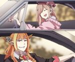  2girls car closed_eyes dragon_girl dragon_horns furious_7 grin ground_vehicle hololive horns kiryu_coco lawzanid light_brown_hair motor_vehicle multiple_girls nijisanji orange_hair red_eyes smile suzuhara_lulu the_fast_and_the_furious 