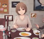  1girl breasts brown_eyes brown_hair chopsticks cup curry food grey_shirt highres holding holding_spoon jewelry long_sleeves looking_at_viewer original plate ring shirt short_hair shrimp shrimp_tempura spoon tempura tissue_box upper_body wedding_ring yajirushi_(chanoma) 