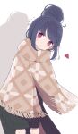  1girl absurdres blue_hair blush coat commentary_request danhuyu dot_nose expressionless eyebrows_visible_through_hair green_coat hair_bun head_tilt highres long_coat looking_at_viewer purple_eyes shadow shawl shima_rin solo triangle upper_body winter_clothes yurucamp 