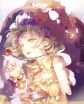  1girl blonde_hair briar_rose_(sinoalice) dr. flower frills green_eyes head_wreath jewelry looking_away necklace one_eye_closed pajamas plant ribbon short_hair signature simple_background sinoalice solo sparkle thorns tired vines wrist_cuffs 