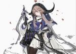  1girl arknights axe black_legwear brown_hair chain cowboy_shot flower flower_on_head green_eyes highres holding horns larus long_hair looking_at_viewer pallas_(arknights) pantyhose petals purple_shirt red_flower shirt sketch skirt solo white_background white_skirt 