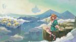  bare_shoulders blonde_hair breath_of_the_wild_2 cloud cloudy_sky green_eyes highres leaf leaning_back leather_belt leaves_in_wind link male_focus minwabu mountainous_horizon sandals sky the_legend_of_zelda the_legend_of_zelda:_breath_of_the_wild wind 