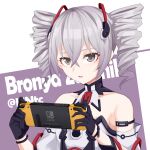  1girl absurdres bangs bare_shoulders black_gloves bronya_zaychik bronya_zaychik_(drive_kometa) drill_hair gloves grey_eyes grey_hair hair_between_eyes highres holding honkai_(series) honkai_impact_3rd jiaoxiang_tc looking_at_viewer nintendo_switch open_mouth solo twin_drills white_background 