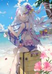  artist_name ass azusa_(blue_archive) bag beach blue_archive cloud dema_hmw flower hair_between_eyes hair_ornament halo highres looking_at_viewer ocean palm_tree purple_eyes sand silver_hair sitting sky swimsuit tree wings 