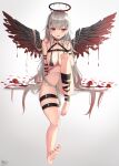  1girl absurdres akino_ell bare_shoulders barefoot bikini black_bikini black_choker blood bottomless breasts chest_harness choker cleavage fallen_angel feathered_wings feet flower gradient_hair grey_hair hair_censor halo halterneck harness highres knee_up large_breasts leg_ribbon long_hair looking_at_viewer multicolored_hair navel open_mouth original red_eyes red_flower ribbon rose simple_background smile solo stomach string_bikini swimsuit thigh_strap thighs very_long_hair white_background wings 