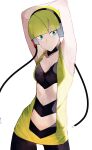  1girl absurdres armpits arms_up black_legwear blonde_hair blue_eyes breasts cleavage elesa_(pokemon) gym_leader headphones highres keiz looking_away pantyhose pokemon pokemon_(game) pokemon_bw short_hair simple_background small_breasts solo very_short_hair white_background 