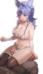  1boy 1girl bangs bare_shoulders bikini blue_hair blush bow_(bhp) breasts brown_legwear cleavage collarbone covered_nipples cum ear_clip erune frottage girl_on_top granblue_fantasy hetero large_breasts long_hair looking_down navel open_mouth penis revision straddling swimsuit thigh_sex thighhighs thighs tikoh white_bikini white_headwear yellow_eyes 