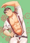  1boy abs bara blush brown_hair bulge goggles goggles_on_head highres kurogane_(tokyo_houkago_summoners) large_pectorals leaning_to_the_side male_cleavage male_focus muscular muscular_male navel nipples open_clothes overalls pectorals sawch_cls short_hair sideburns sleeves_rolled_up smile solo stomach thick_eyebrows tokyo_houkago_summoners 