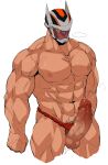  1boy abs absurdres algernon_(housamo) bara censored clothing_aside colored_sclera cropped_legs crow_(siranui) erection fundoshi fundoshi_aside helmet highres japanese_clothes large_pectorals large_penis male_focus male_pubic_hair male_underwear male_underwear_aside mosaic_censoring muscular muscular_male navel nipples pectorals penis pubic_hair pubic_hair_peek red_eyes red_male_underwear solo stomach textless thick_thighs thighs tokyo_afterschool_summoners topless_male twitching_penis underwear underwear_only veins veiny_penis white_background yellow_sclera 