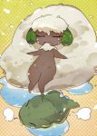  blush flying_sweatdrops gen_5_pokemon halftone highres kuroi_moyamoya no_humans nose_blush pokemon pokemon_(creature) pokemon_move solo substitute_(pokemon) thigh_gap whimsicott yellow_background 