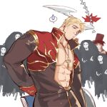  1boy abs bara blonde_hair character_request check_character check_copyright copyright_request cross cross_necklace facial_hair feather_hair_ornament feathers flower gomtang hair_ornament jewelry large_pectorals male_cleavage male_focus mature_male muscular muscular_male navel necklace open_clothes pectorals priest ragnarok_online short_hair sideburns skeleton solo stomach stubble 