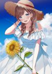  1girl :d bare_shoulders blue_sky blush braid brown_eyes brown_hair cloud collarbone condensation_trail dress earrings flower frilled_dress frills hanako151 hand_in_hair hand_up hat highres holding holding_flower jewelry leaning_forward long_hair looking_at_viewer open_mouth original outdoors sky sleeveless sleeveless_dress smile solo standing sun_hat sundress sunflower twintails white_dress yellow_flower 