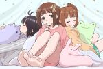  3girls amami_haruka antenna_hair barefoot black_hair braid brown_hair closed_eyes finger_to_mouth green_eyes highres idolmaster kikuchi_makoto lying multiple_girls naruse_ill on_back short_hair stuffed_animal stuffed_toy takatsuki_yayoi twin_braids 