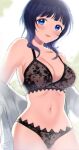  1girl absurdres asaka_karin blue_eyes blue_hair blush bra breasts cleavage collarbone curvy highres huge_filesize kazehana_(spica) lace lace-trimmed_bra lace-trimmed_panties lace_bra lace_panties lace_trim large_breasts lingerie looking_at_viewer love_live! love_live!_nijigasaki_high_school_idol_club navel open_clothes open_shirt panties shirt underwear 