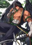  1boy abs bandaged_arm bandages bara bare_pectorals bare_shoulders bellsaltr black_pants black_wings covered_abs eye_mask feathered_wings feet_out_of_frame fingernails flying hakama_pants highres holding holding_spear holding_weapon male_focus monster_boy muscular muscular_male nipples open_mouth original pants pectorals polearm sharp_fingernails short_hair smirk solo spear spiked_hair stomach tengu veins weapon wings 