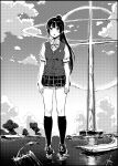  1girl :o absurdres bangs breasts cloud collared_shirt commentary_request cross ei_todo giant giantess greyscale highres medium_breasts monochrome neon_genesis_evangelion nijisanji parody ponytail school_uniform shirt sky socks solo standing surprised tsukino_mito vest virtual_youtuber water 