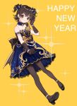  1girl akagi_miria ame_ame black_gloves bow brown_eyes brown_hair closed_mouth english_text flower full_body gloves hair_bow hand_in_hair happy_new_year high_heels highres idolmaster idolmaster_cinderella_girls looking_at_viewer new_year pantyhose rose solo two_side_up yellow_background 