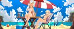  2girls animal_ear_fluff animal_ears arm_up armpits artist_request ball barefoot beach beachball bikini black_bikini blonde_hair blue_sky breasts cleavage cloud cloudy_sky colored_eyelashes commission crossed_ankles day dungeon_and_fighter fox_ears front-tie_bikini front-tie_top highres horizon kaiser_(myeonggihusband) large_breasts long_hair medium_breasts multiple_girls navel original outdoors pixel_art ponytail red_eyes second-party_source side-tie_bikini sidelocks sitting sky string_bikini surfboard swimsuit thigh_strap underboob very_long_hair white_bikini white_hair 