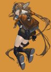  1girl absurdly_long_hair aciddrop_(arknights) ahoge animal_ears arknights bangs bird_ears black_footwear black_gloves black_legwear black_shirt black_shorts blue_eyes breasts brown_hair commentary_request eyebrows_visible_through_hair eyewear_on_head gloves goggles goggles_on_head hair_between_eyes highres id_card jacket lanzi_(415460661) leg_strap long_hair long_sleeves medium_breasts neckerchief orange_background orange_jacket pointing pouch shirt short_hair shorts simple_background solo thighhighs very_long_hair 