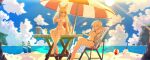  2girls animal_ear_fluff animal_ears arm_up armpits artist_request backlighting ball barefoot beach beachball bikini black_bikini blonde_hair blue_sky breasts cleavage cloud cloudy_sky colored_eyelashes commission crossed_ankles day dungeon_and_fighter fox_ears front-tie_bikini front-tie_top highres horizon kaiser_(myeonggihusband) large_breasts long_hair medium_breasts multiple_girls navel original outdoors pixel_art ponytail red_eyes second-party_source side-tie_bikini sidelocks sitting sky string_bikini sun sunlight surfboard swimsuit thigh_strap underboob very_long_hair white_bikini white_hair 