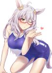  1girl all_fours animal_ears bangs bare_arms bare_shoulders biwa_hayahide_(umamusume) blown_kiss blue_swimsuit blush breasts exren eyebrows_visible_through_hair glasses hair_ornament heart highres horse_ears horse_girl large_breasts long_hair looking_at_viewer one_eye_closed parted_lips silver_hair simple_background solo swimsuit thighs umamusume white_background yellow_eyes 