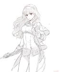  1girl aiguillette arm_at_side bangs cape celica_(fire_emblem) cowboy_shot earrings fire_emblem fire_emblem_echoes:_shadows_of_valentia futabaaf gloves hairband holding holding_sword holding_weapon jewelry long_hair long_sleeves looking_at_viewer pants red_eyes simple_background solo spot_color sword tassel weapon white_background 