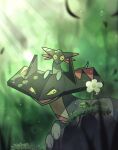  alu_drp blurry closed_eyes commentary_request day drakloak dreepy flower gen_8_pokemon grass happy highres light_rays no_humans on_head open_mouth outdoors pokemon pokemon_(creature) pokemon_on_head smile sparkle tongue white_flower 