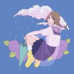  1girl absurdres aqua_umbrella black_sailor_collar black_skirt blue_background boots braid brown_hair cloud flower from_behind highres holding holding_umbrella hood hood_down hydrangea long_hair looking_at_viewer looking_back original pleated_skirt purple_flower rain raincoat rubber_boots sailor_collar see-through_jacket shi_oo shirt short_sleeves skirt socks solo umbrella white_legwear white_shirt yellow_footwear 