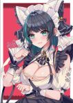  1girl 2021 :3 animal_ears aqua_eyes azur_lane breasts cheshire_(azur_lane) cleavage detached_sleeves et_darin eyebrows_visible_through_hair fake_animal_ears fang frilled_hairband frilled_ribbon frills hairband large_breasts long_hair long_ribbon looking_at_viewer maid maid_headdress multicolored_hair paw_pose puffy_detached_sleeves puffy_sleeves purple_apron red_background ribbon signature simple_background solo streaked_hair two-tone_hair wrist_cuffs 
