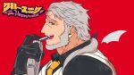  1boy bara beard black_gloves book bullet character_request check_character cross_scar facial_hair fangs from_side gloves gomtang live_a_hero male_focus mature_male necktie scar_on_forehead short_hair silver_hair smile solo 