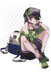  1girl absurdres backpack bag bangs bare_shoulders beret bird black_hair black_shorts blue_eyes chicken closed_mouth eyewear_on_head faaallen fu_hua fu_hua_(night_squire) full_body green_footwear green_shirt hair_between_eyes hat highres honkai_(series) honkai_impact_3rd looking_at_viewer shirt shoes short_sleeves shorts sitting sneakers solo sunglasses v-shaped_eyebrows white_background 