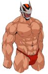  1boy abs absurdres algernon_(housamo) bara bulge colored_sclera cropped_legs crow_(siranui) erection erection_under_clothes fundoshi helmet highres japanese_clothes large_pectorals male_focus male_pubic_hair male_underwear muscular muscular_male navel nipples pectorals pubic_hair pubic_hair_peek red_eyes red_male_underwear solo stomach textless thick_thighs thighs tokyo_afterschool_summoners topless_male underwear underwear_only veins white_background yellow_sclera 
