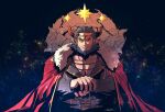  1boy bara cape chain character_request demon_boy demon_horns fur-trimmed_cape fur_trim horns live_a_hero male_cleavage male_focus mature_male muscular muscular_male on_chair pectorals pointy_ears red_cape rybiokaoru short_hair solo throne 