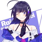  1girl absurdres antenna_hair bangs bare_shoulders black_gloves gloves grin hair_between_eyes hair_ornament hairpin highres honkai_(series) honkai_impact_3rd index_finger_raised jacket jiaoxiang_tc long_hair long_sleeves looking_at_viewer one_eye_closed ponytail purple_eyes purple_hair raiden_mei raiden_mei_(striker_fulminata) shirt smile solo teeth white_background white_jacket white_shirt 