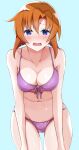  1girl absurdres bent_over bikini blue_eyes breasts brown_hair cleavage collarbone commentary_request cowboy_shot front-tie_top green_background highres higurashi_no_naku_koro_ni leaning_forward looking_at_viewer medium_breasts newon open_mouth pink_bikini ryuuguu_rena short_hair simple_background solo standing swimsuit 