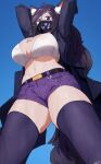  1girl animal_ears belt bikini black_belt black_coat blue_background breasts coat covered_mouth glasses hands_up huge_breasts long_hair looking_at_viewer mask micro_shorts midriff navel open_clothes open_coat original purple_eyes purple_hair purple_legwear purple_shorts round_eyewear ryusei_hashida shorts signature simple_background solo swimsuit thighhighs very_long_hair white_bikini 