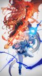  2girls absurdres amane_kanata angel_wings blue_eyes braid clenched_teeth dragon_horns dragon_tail dragon_wings flaming_sword flaming_weapon glowing_fist highres hololive horns huge_filesize katana kiryu_coco mazel_(mazel_star) multiple_girls orange_eyes orange_hair sheath silver_hair skirt sword tail teeth torn_sleeve unsheathed virtual_youtuber weapon wings 