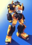  1boy absurdres arm_cannon autobot blue_background blue_eyes english_commentary highres lextodrawstuff mecha no_humans shadow smile solo standing sunstreaker transformers weapon 