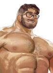  1boy abs bara beard chest_hair completely_nude facial_hair glasses hairy highres kalbbang2 large_pectorals looking_to_the_side male_focus mature_male muscular muscular_male nipples nude original pectoral_focus pectorals short_hair smile solo undercut upper_body 