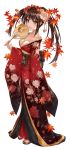  1girl :d asle autumn_leaves bangs black_footwear black_hair breasts brown_eyes cleavage collarbone date_a_live eyebrows_visible_through_hair fan floral_print heterochromia holding holding_fan japanese_clothes kimono leaf long_hair long_sleeves maple_leaf medium_breasts obi open_mouth paper_fan photoshop_(medium) print_kimono red_eyes red_kimono sash simple_background smile solo standing tokisaki_kurumi twintails uchiwa v-shaped_eyebrows white_background wide_sleeves 