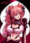  1girl :p breasts character_request cleavage closed_mouth heart highres large_breasts long_hair looking_at_viewer red_eyes red_hair side_ponytail smile solo tattoo tongue tongue_out tukiwani 