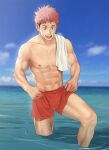  1boy :d abs blurry bulge collarbone day depth_of_field highres itadori_yuuji jujutsu_kaisen leg_lift male_focus naoki_(xhju8282) navel nipples ocean open_mouth outdoors pectorals pink_hair red_shorts shirt_removed shirtless short_hair short_shorts shorts smile solo spiked_hair standing tank_top toned toned_male wading water white_tank_top 