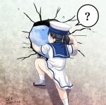  1girl ? black_hair blue_sailor_collar brown_eyes climbing commentary_request crack dated dress hat hiburi_(kancolle) kantai_collection low_ponytail sailor_collar sailor_dress sailor_hat shoes short_hair short_sleeves signature socks solo spoken_question_mark tk8d32 uwabaki wall white_dress white_legwear 