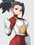  1girl black_hair clenched_hand closed_mouth dragon_ball dragon_ball_super earrings gloves green_eyes grey_background jewelry kale_(dragon_ball) kemachiku looking_at_viewer ponytail saiyan_armor short_hair simple_background solo white_gloves 