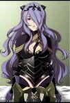  1girl armor armored_leotard bed_sheet between_breasts black_capelet black_leotard breasts camilla_(fire_emblem) capelet cleavage commentary_request diadem faulds fire_emblem fire_emblem_fates gloves green_background hair_over_one_eye hikaru_(mikan0407) leotard long_hair looking_at_viewer medium_breasts on_bed parted_lips purple_gloves purple_hair red_eyes shiny shiny_hair sitting sitting_on_bed solo very_long_hair 