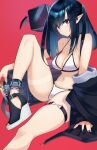  1girl alternate_costume arknights belt bikini black_footwear black_hair black_jacket black_nails breasts choker cleavage closure_(arknights) collarbone earpiece english_commentary foot_out_of_frame highres infection_monitor_(arknights) jacket knee_up long_hair looking_at_viewer medium_breasts off_shoulder pointy_ears psidubs red_eyes shirt shoes sitting solo swimsuit thigh_strap twintails white_bikini 