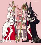  3girls :d absurdres animal_ears bangs black_bra black_dress black_footwear black_hair blunt_bangs bob_cut bra breasts bunny_ears closed_mouth dress drill_hair eyepatch high_heels highres holding holding_staff kotatsu_(g-rough) long_hair long_sleeves looking_at_viewer multiple_girls one_eye_covered open_mouth original pink_background pink_dress pink_footwear pink_hair red_eyes short_hair signature simple_background skuld_(kotatsu_(g-rough)) small_breasts smile staff standing thighhighs underwear urd_(kotatsu_(g-rough)) verthandi_(kotatsu_(g-rough)) white_dress white_hair white_legwear 